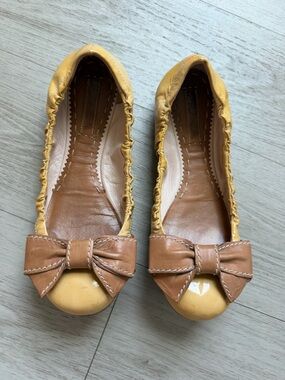 Prada Yellow and Brown Bow Leather Ballet Flats